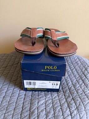 Polo by Ralph Lauren Brown Leather Flip-Flop Sandals with Green & Cream Stripes